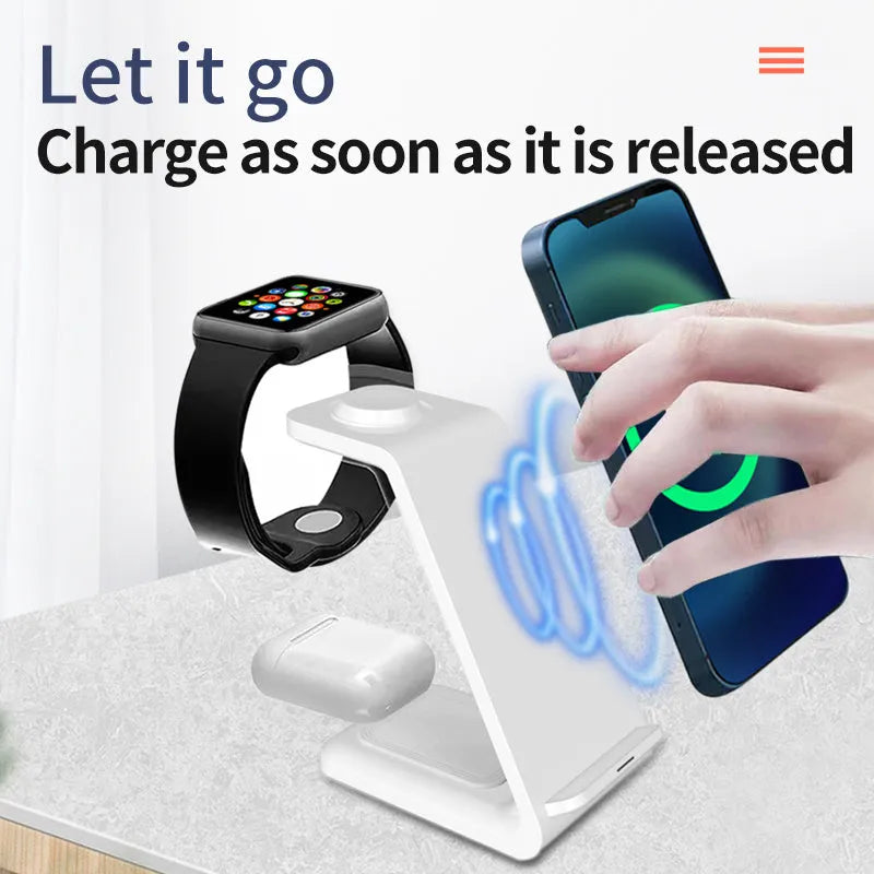 White upright wireless phone charger with dual coil design and phone in charging position