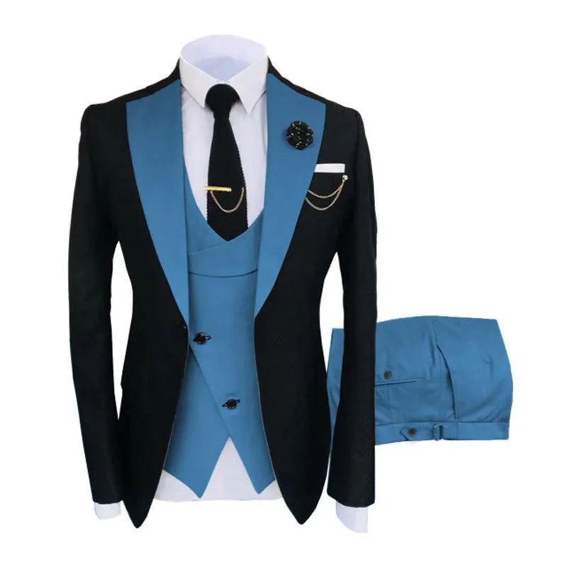 Men's slim fit three-piece cotton suit in business style with coat, vest and trousers