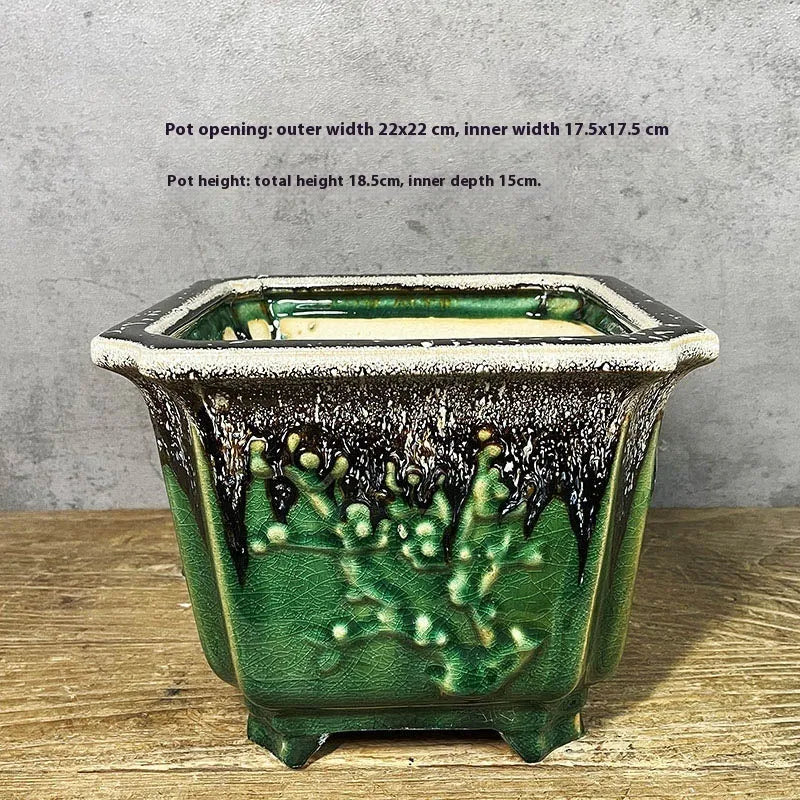 Square ceramic stoneware flower pot with decal pattern 22cm caliber green glaze change finish