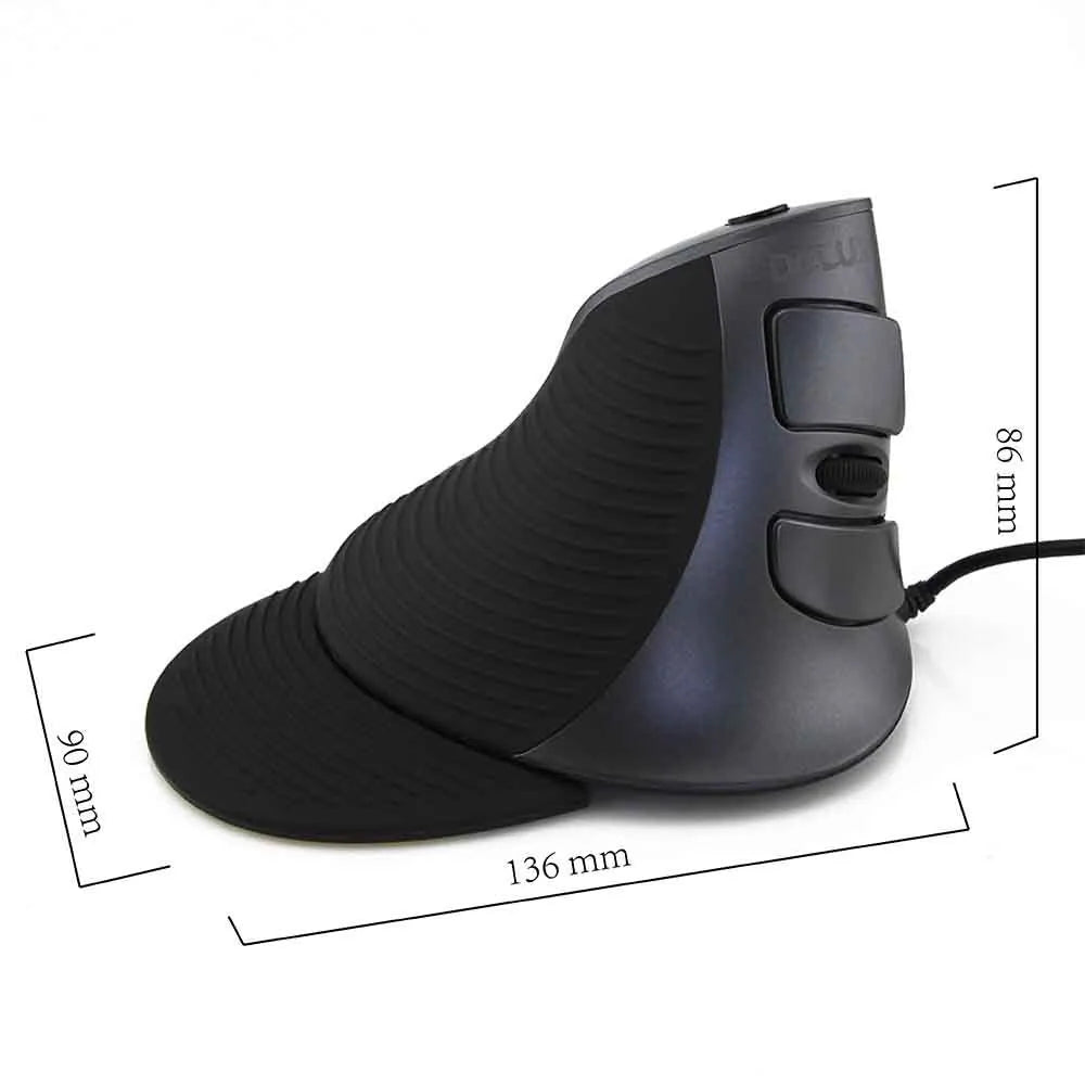 Black and white ergonomic vertical wired optical mouse for desktop computers.