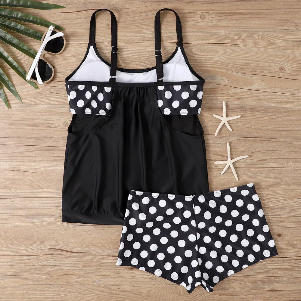 Women's high-waisted polka dot boxer swimsuit in polyester fabric for sports and swimming