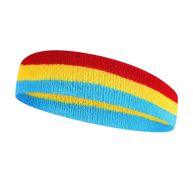 Colourful sports headband for adults in red, yellow, and blue colour combination.