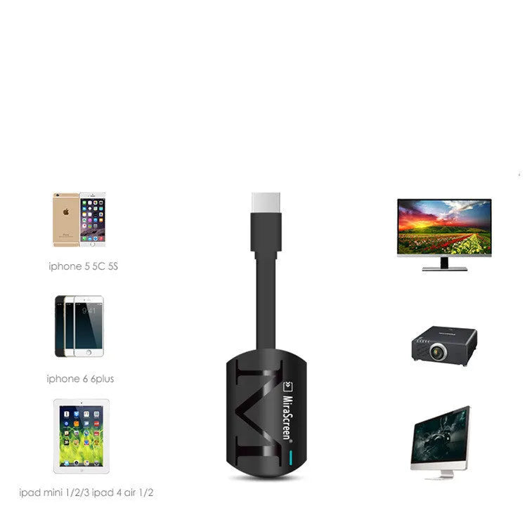 Black USB dongle for screen mirroring phones to HD TVs with HDMI, showing 52mm x 26mm dimensions.