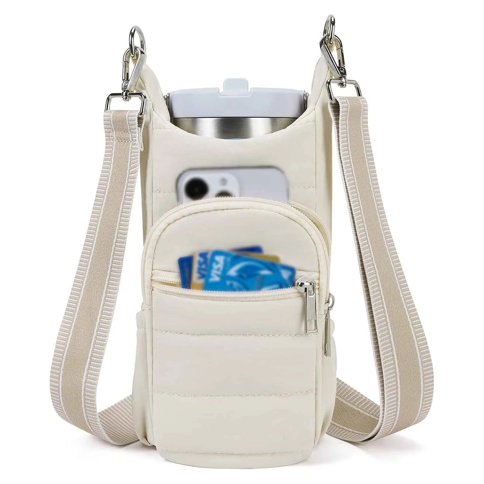 Cloth cycling water bottle bag in beige colour positioned on bicycle frame