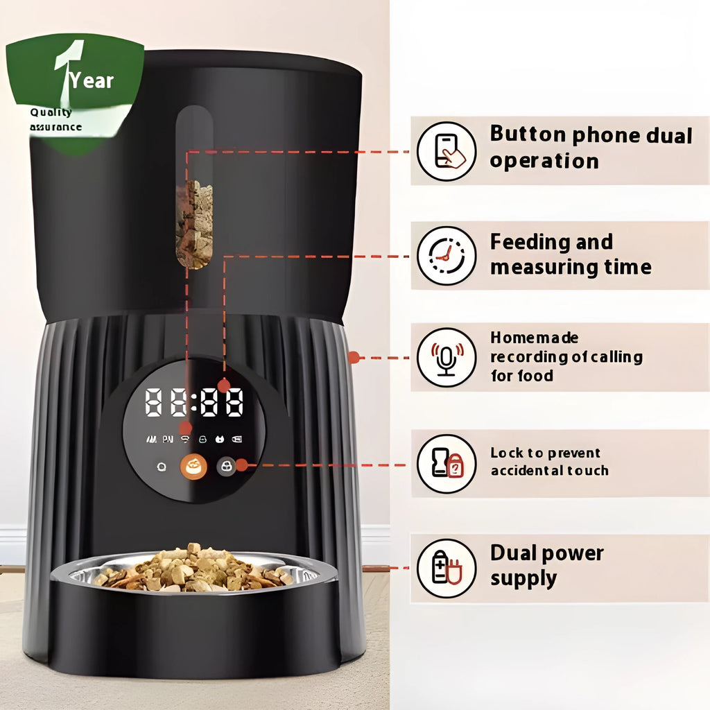 Black and white intelligent pet feeder with USB cable for automatic timing and quantitative remote feeding