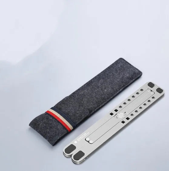 Foldable aluminum laptop stand in silver colour, shown both open in use and folded flat.