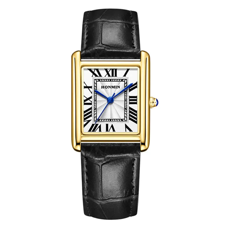 Couple leather watch with square dial, 7mm thickness, waterproof, in gold and black colour option on a white background