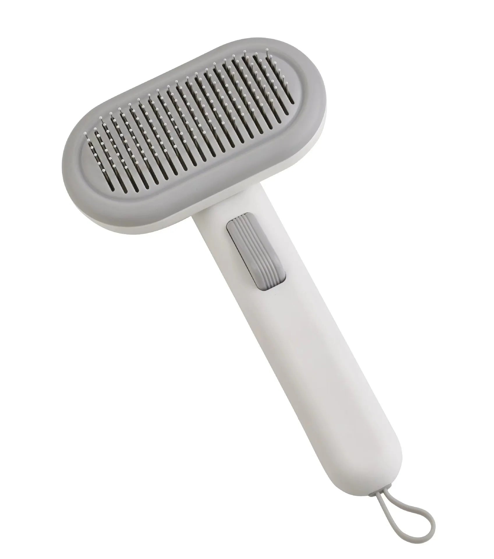 Large cat hair comb with stainless steel teeth and ABS plastic handle in light grey colour