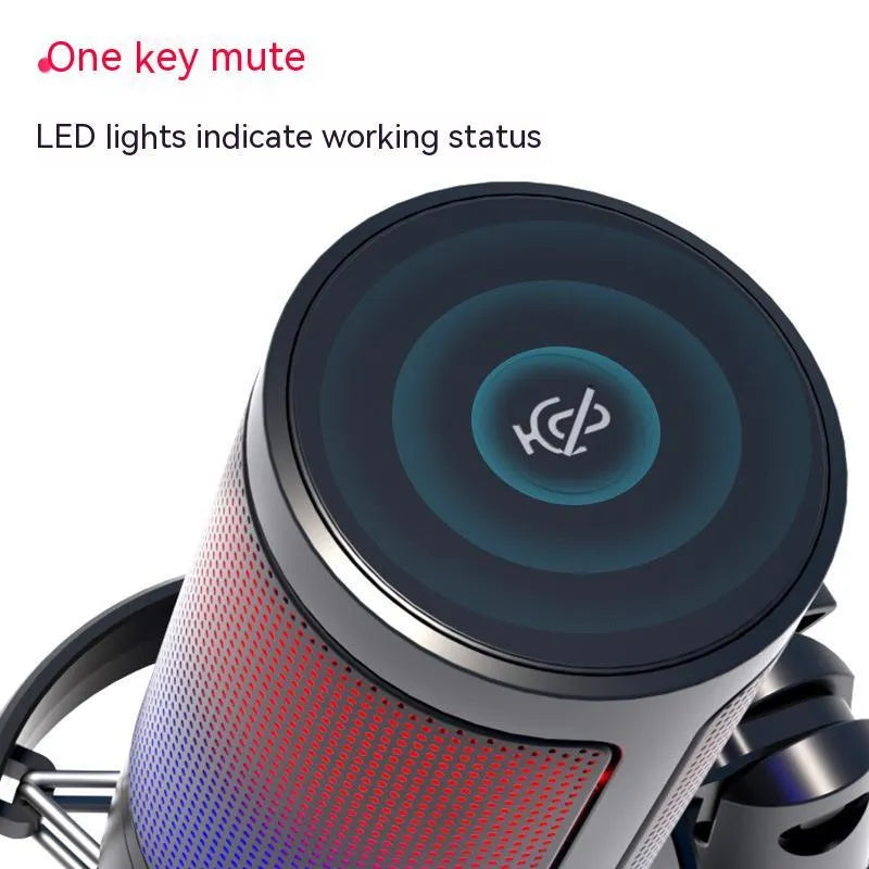 USB condenser microphone with RGB lighting in black, white, and pink colour options.