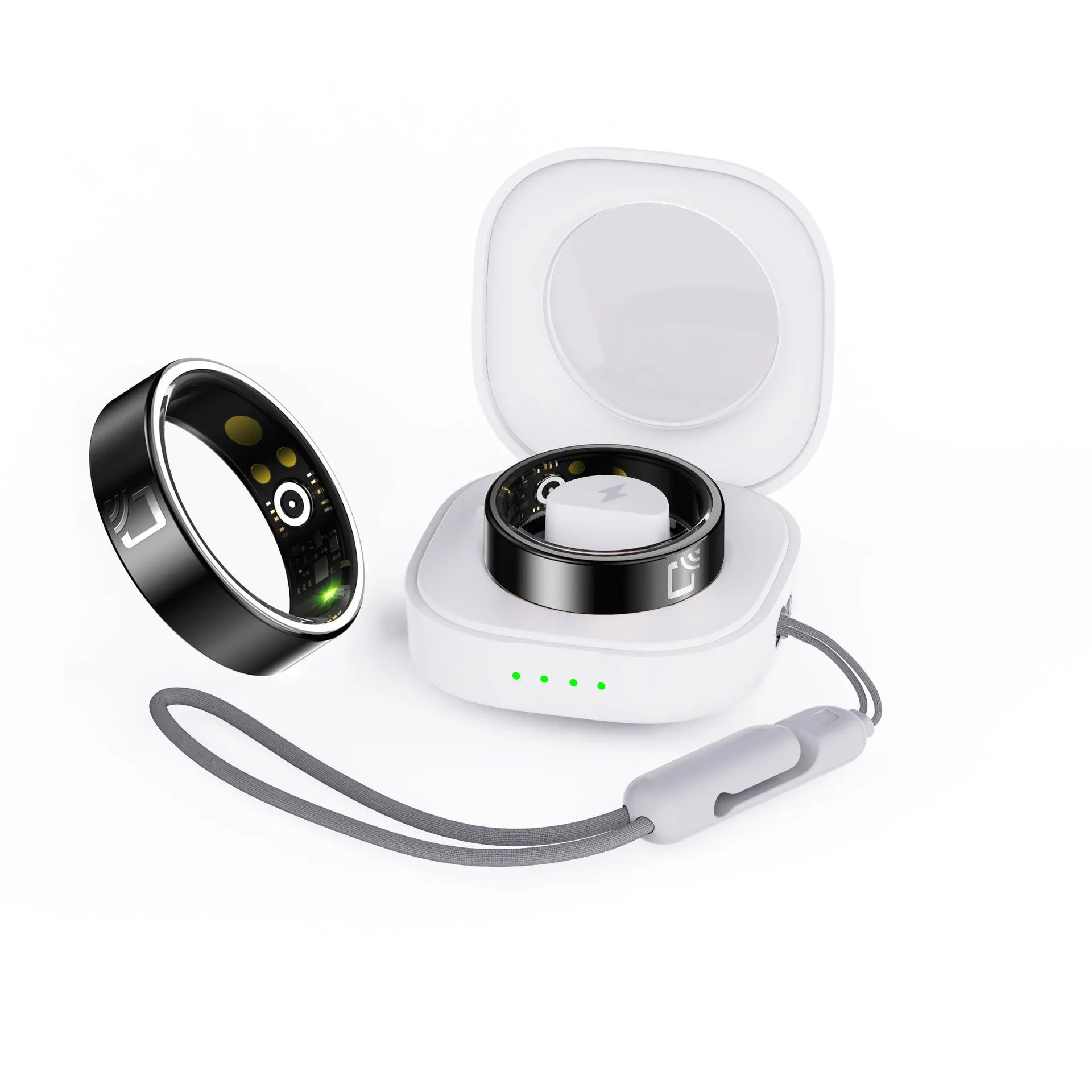 Black ceramic smart ring for heart rate, blood oxygen, and sleep monitoring on finger