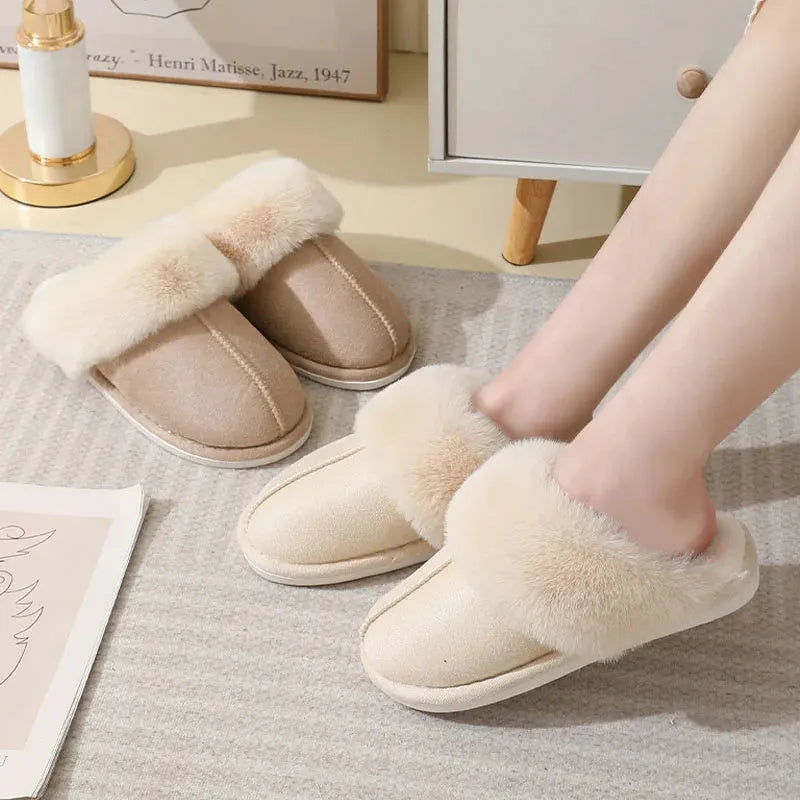 Women's plush winter slippers with round toe, flat heel, and PVC anti-slip sole