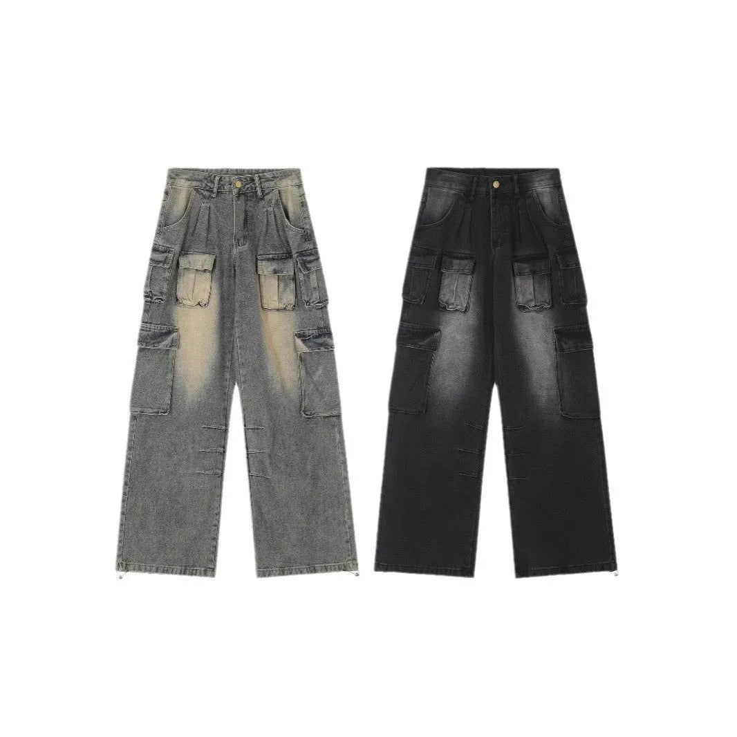 Loose fit distressed denim trousers with multiple pockets in light blue colour