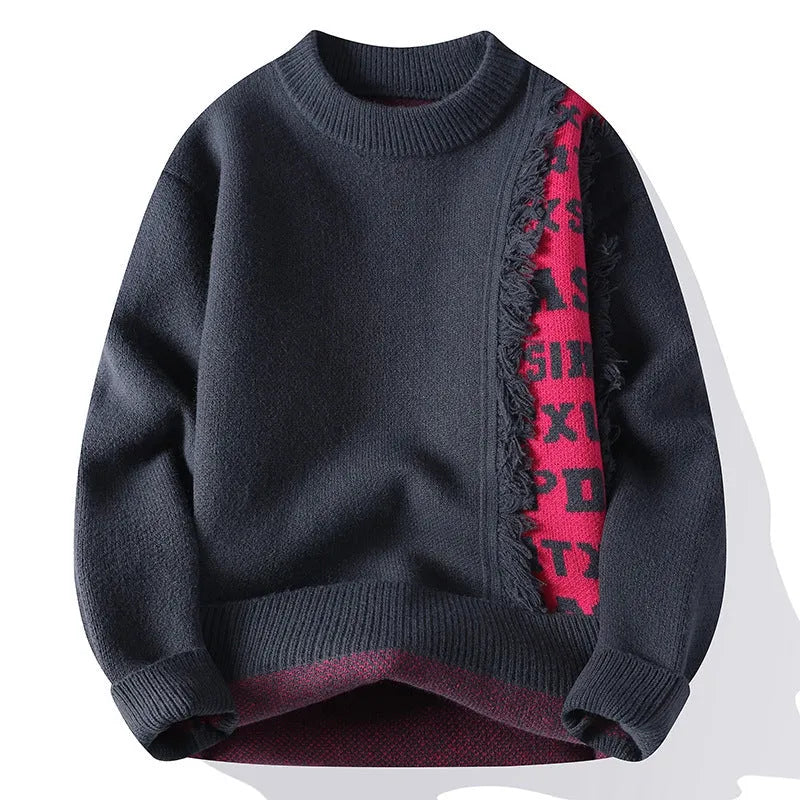 Men's loose grey knitted pullover jumper with ribbed hemline, long sleeves, and a rabbit fur blend fabric.