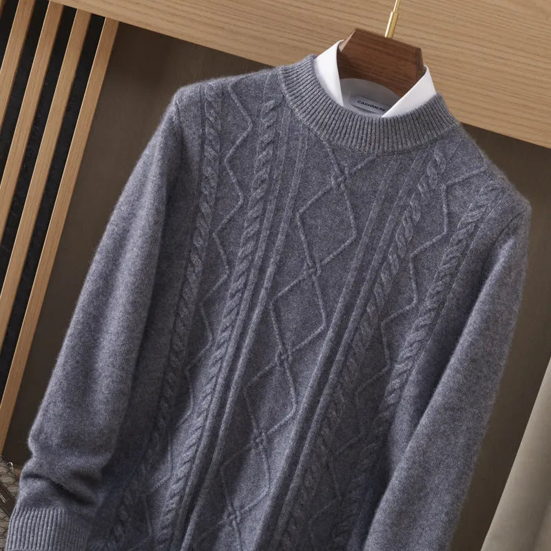 Men's semi-high diamond twisted wool pullover in wine red, loose fit, long sleeve, autumn casual wear
