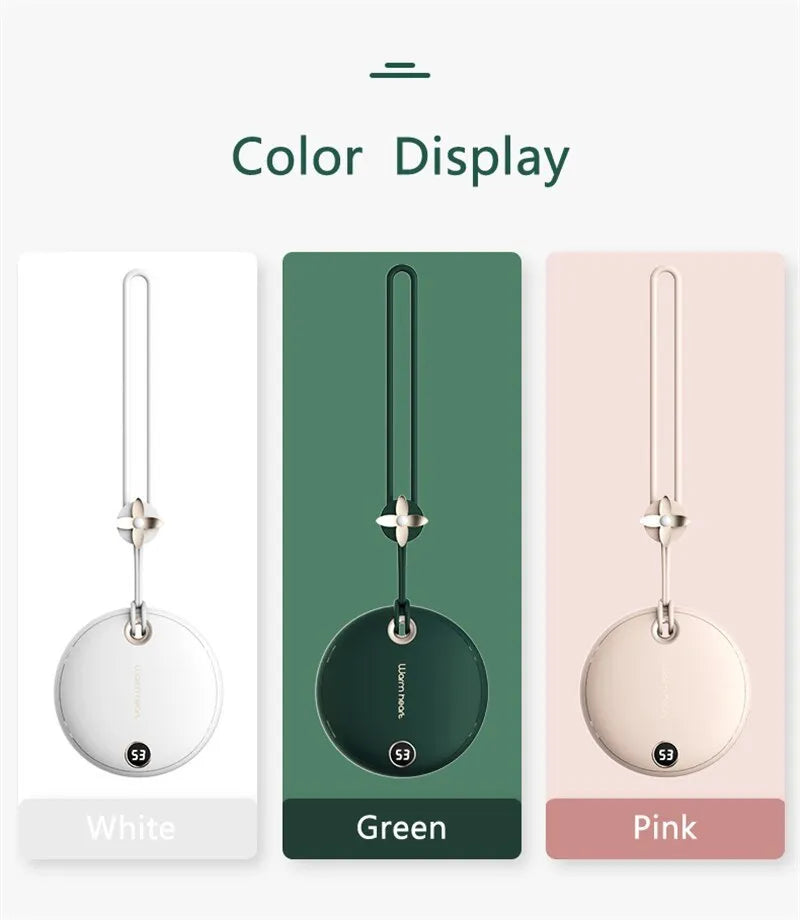 Green hand warmer power bank with digital display showing battery percentage and temperature setting
