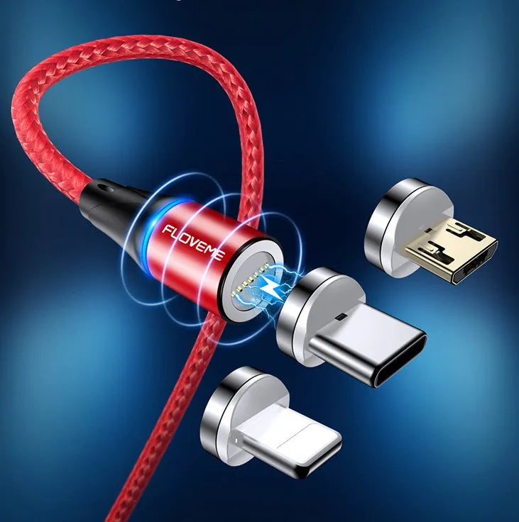 Black magnetic USB charging cable with illuminated side light on connector, next to smartphone.