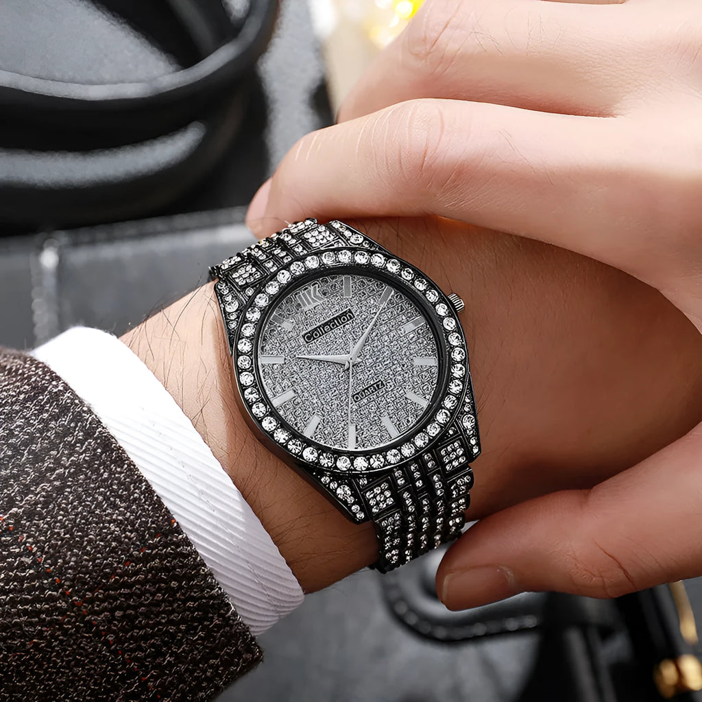 Fashion starry quartz watch with 40mm dial, spiral crown, and stainless steel buckle in black gold finish