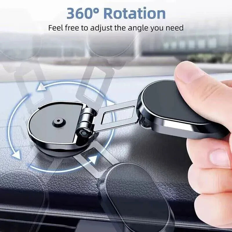 Chrome magnetic car phone holder with foldable bracket on dashboard showing 360-degree rotation