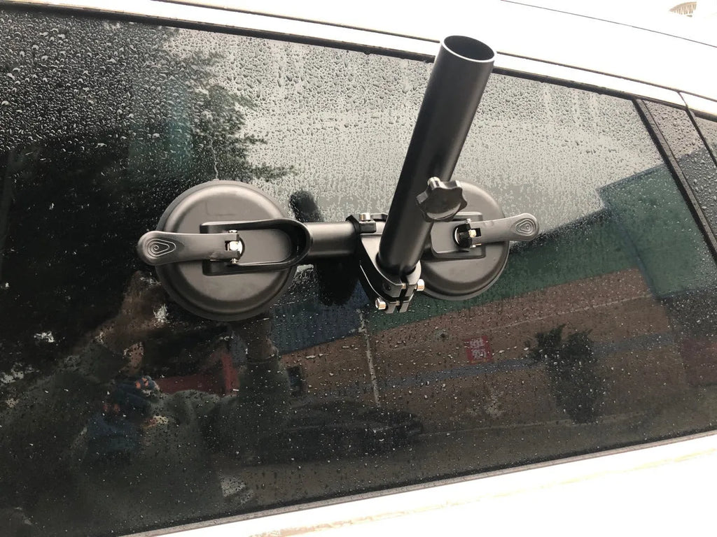 Black off-road car flagpole sucker base with round glass suction cup and rubber disc.