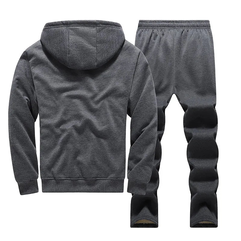 Fleece-lined thickened men's tracksuit set with hooded top and long pants in dark gray rabbit hair fabric