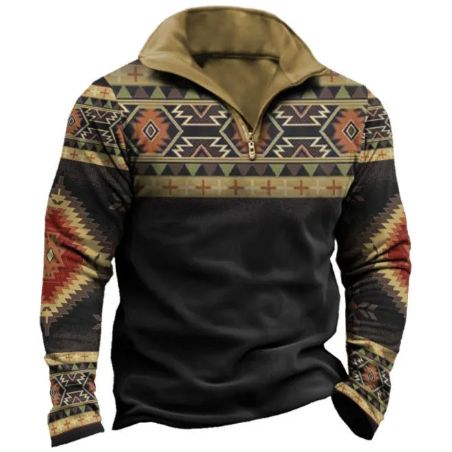 Men's loose fit retro printed golf t-shirt with stripe pattern and zipper decorations on long sleeves