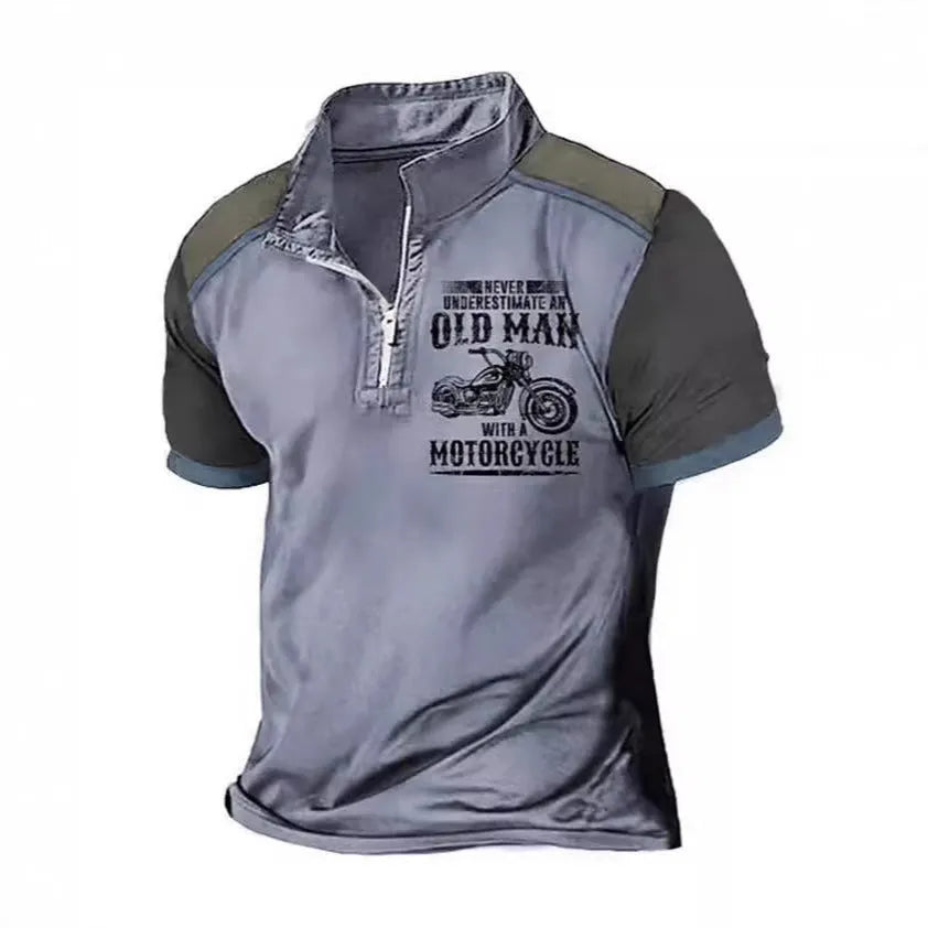 Men's casual polo shirt with digital letter pattern and zipper decoration on the lapel.