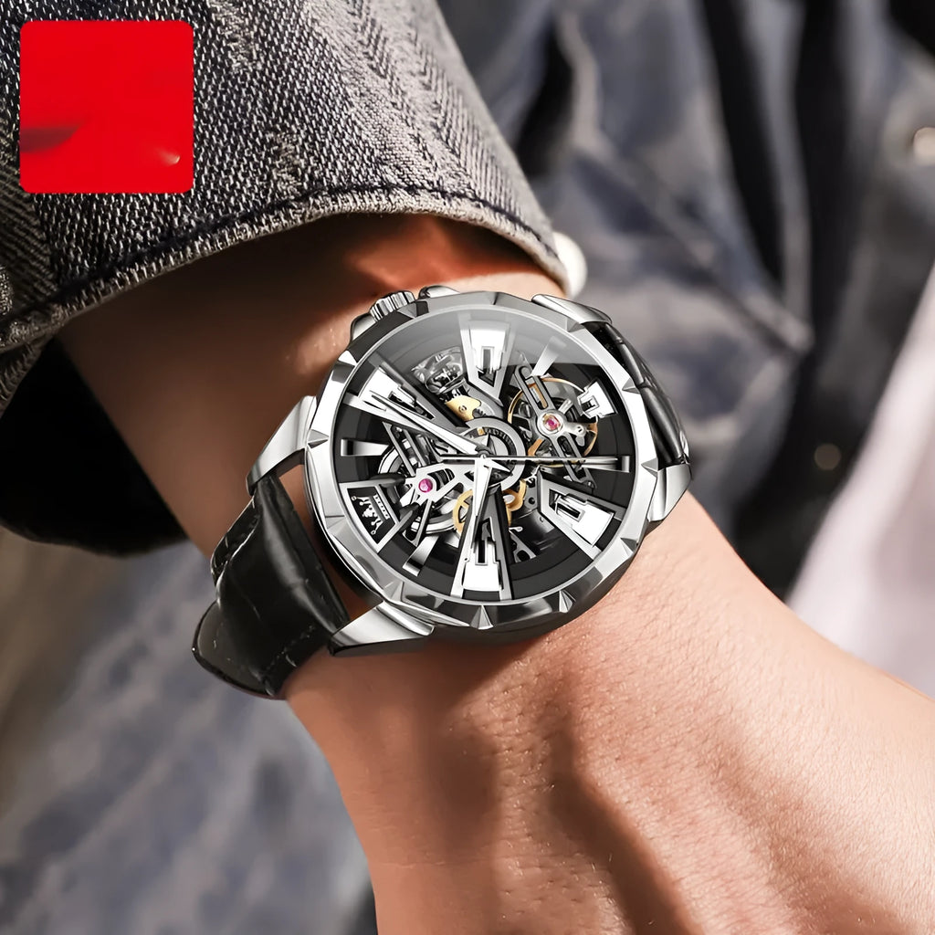 Men's automatic mechanical watch with hollow design showing movement through transparent case back