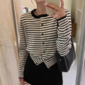 Dark grey and white striped women's viscose cardigan coat with a slim fit and short length.
