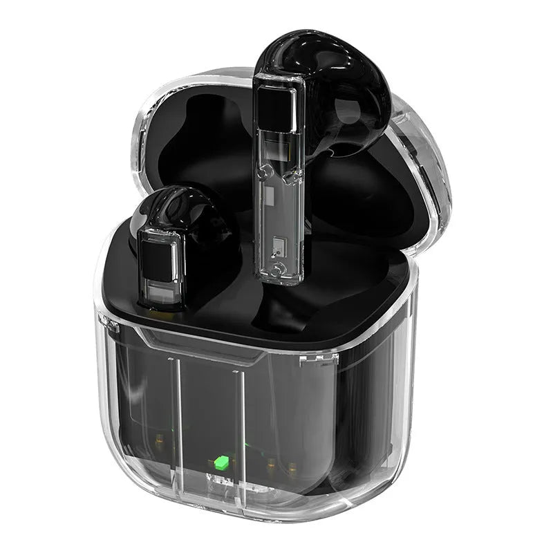 YX06 transparent case TWS wireless earphones in black, white, orange, and green colours.