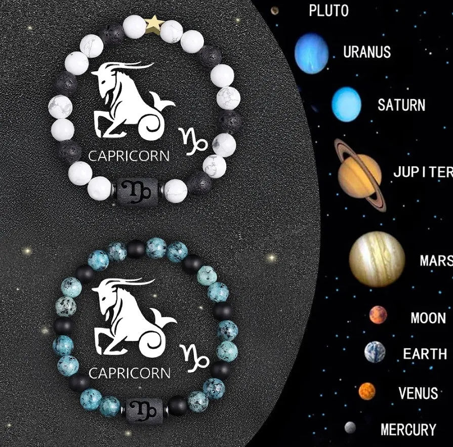 Natural stone beaded zodiac bracelets showing twelve different birth sign designs on elastic cords