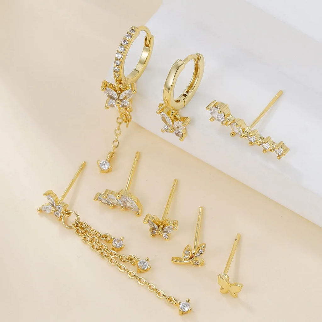 Gold and white copper inlaid zircon butterfly chain tassel ear bone stud eight-piece earring set for women