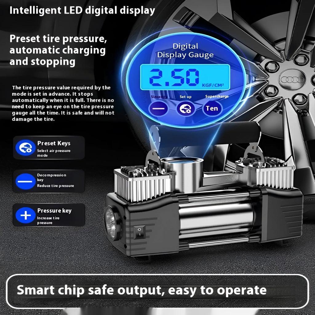 High-power portable car inflator with double cylinder digital display, battery clip, and air nozzle on black background