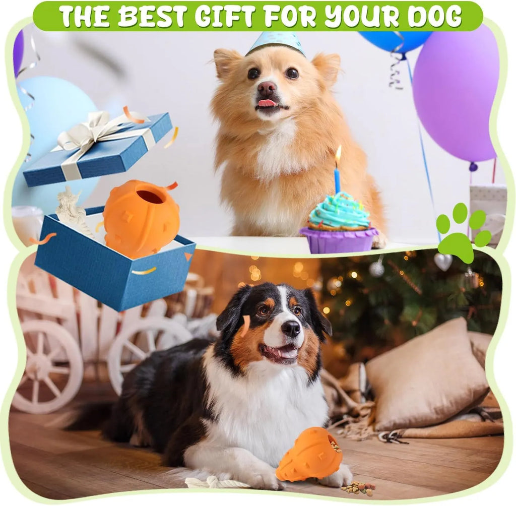 A long, brown, natural rubber stuffable dog toy for small medium breeds, shown with a treat inside.