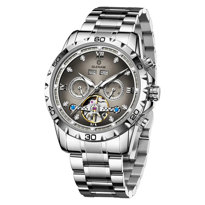 Men's automatic mechanical watch with stainless steel band and mineral glass crystal in silver case blue surface