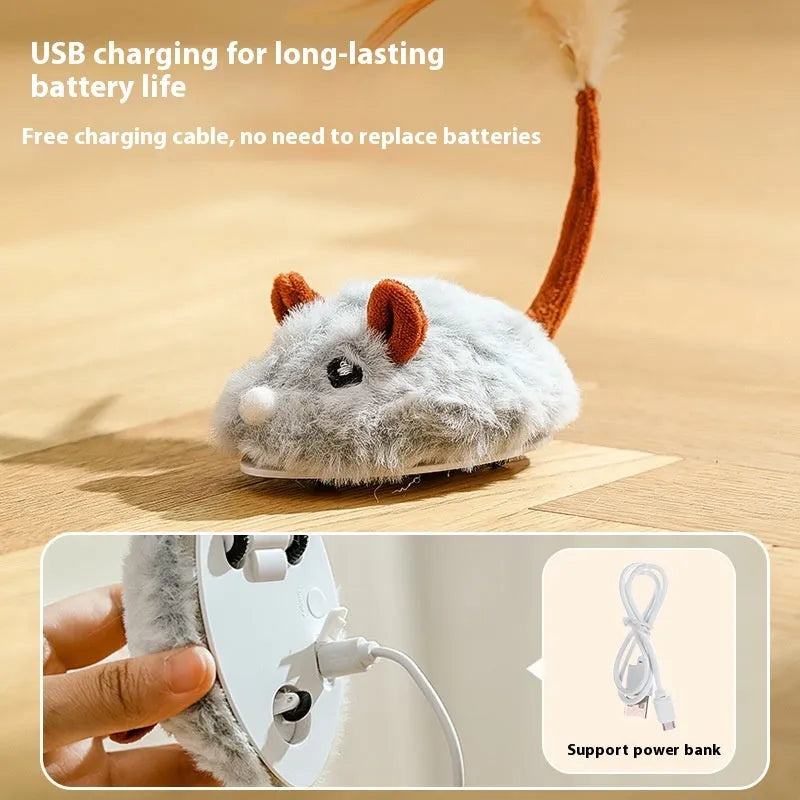 Electric self-hi cat toy with plush mouse on a pole, in pink, grey, or purple.