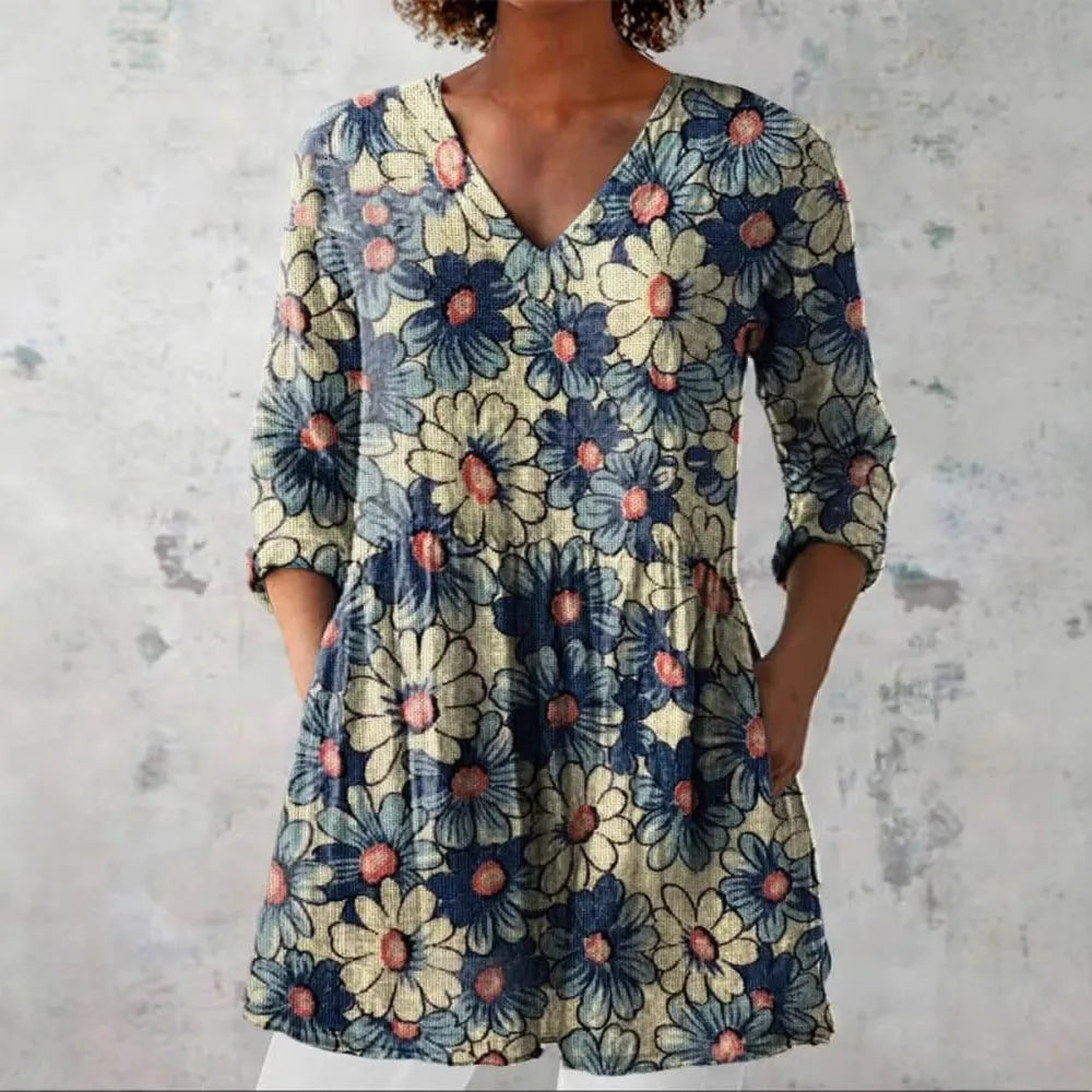 Women's retro slim fit printed long-sleeved top in polyester fabric with digital printing design