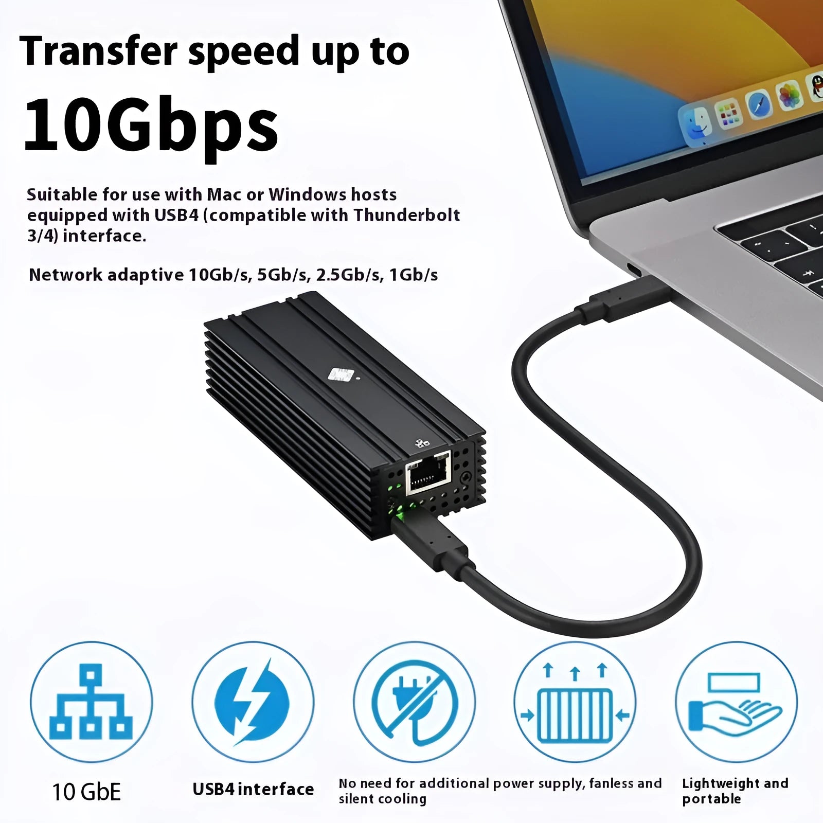 Black USB4 to RJ45 10 Gigabit network adapter with 20cm cable
