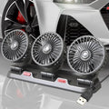 12V three head automotive electric cooling fan with adjustable heads and long power cable.