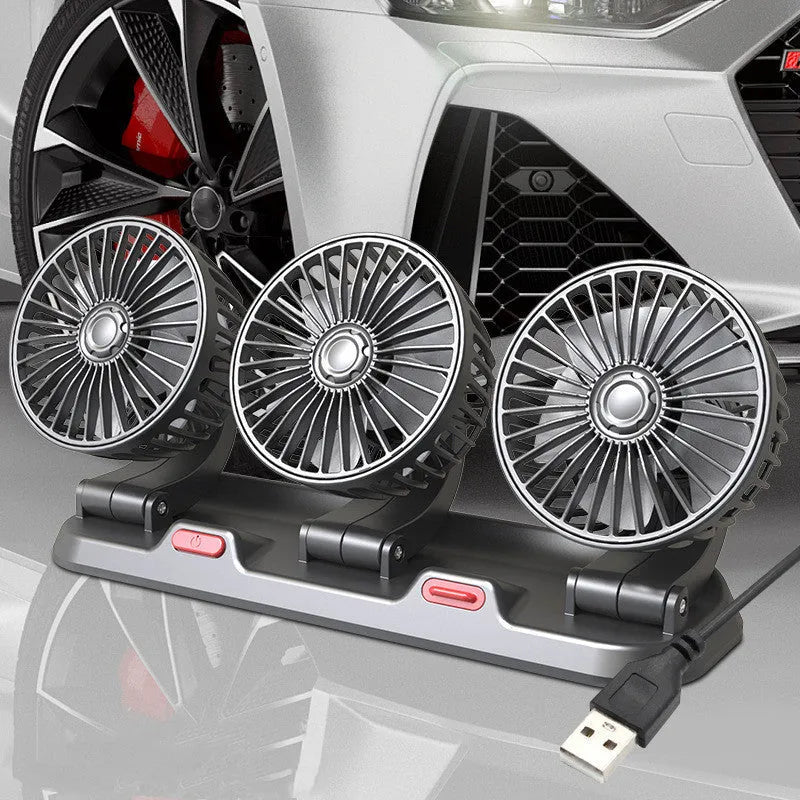 12V three head automotive electric cooling fan with adjustable heads and long power cable.