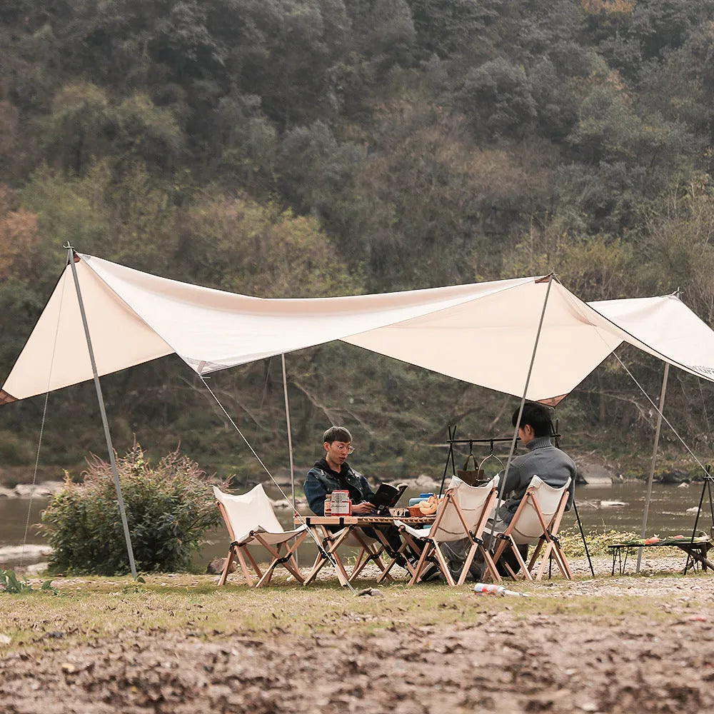 Large silver aluminium foldable triangle camping clothes drying rack with side hanger.