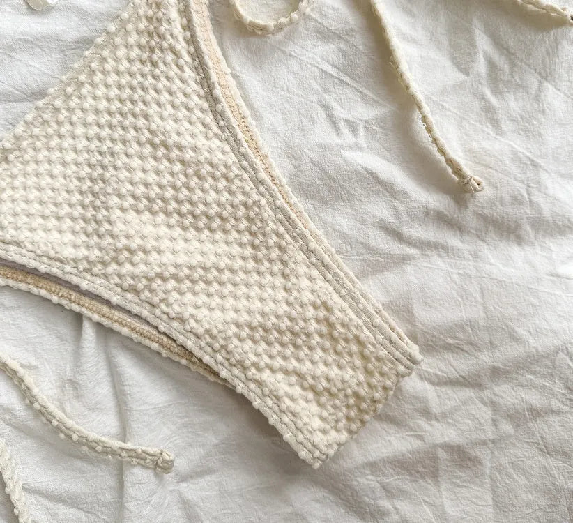 Halter lace-up bikini in Milky White for women swimming, polyester fibre fabric, includes bra and briefs
