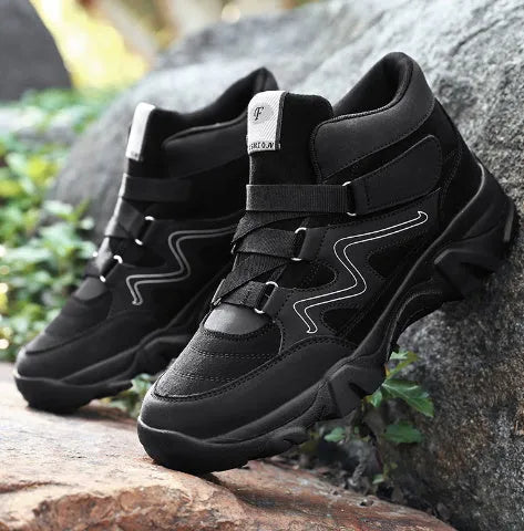 Men's black leather casual shoes with rubber sole shown on a size 45 foot.