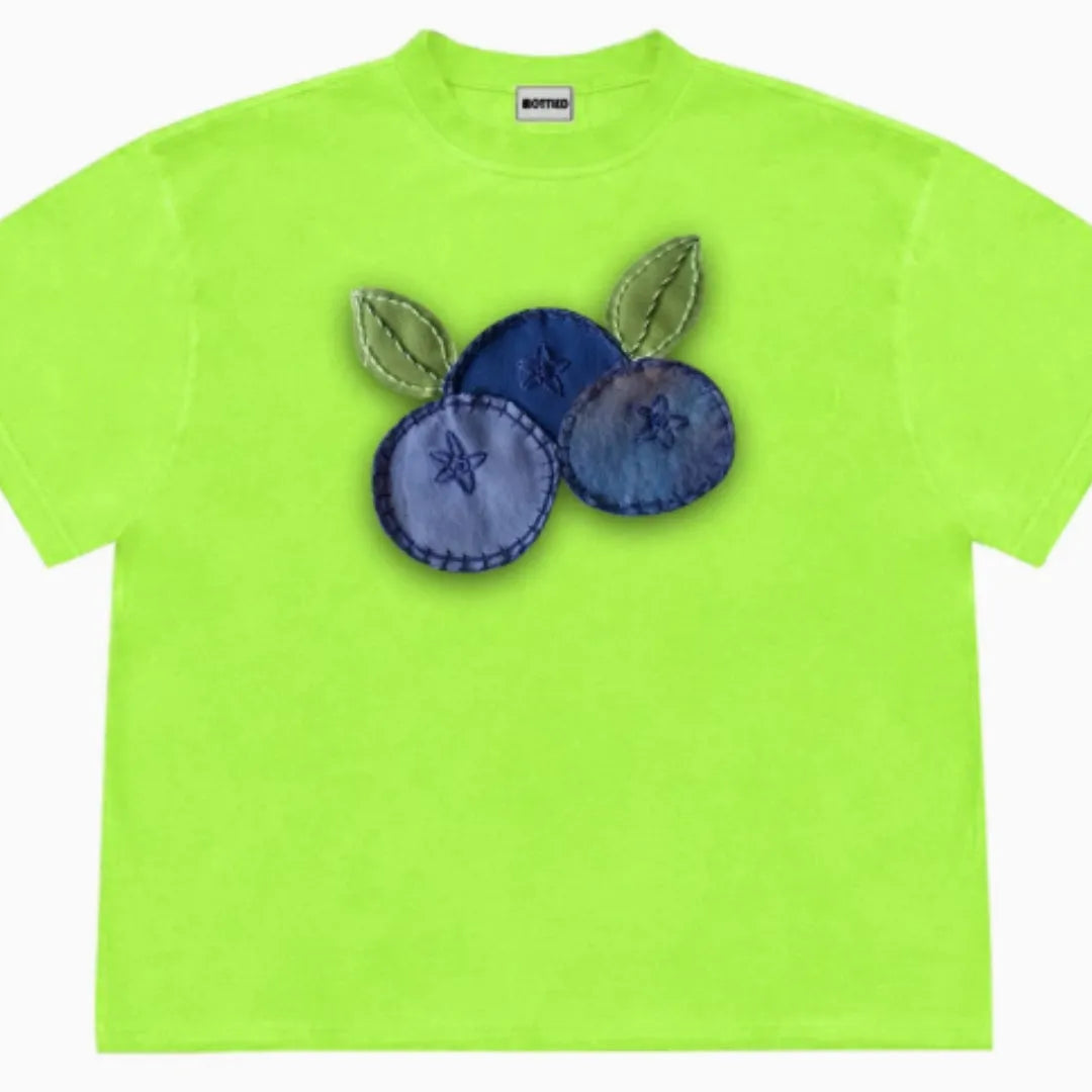 Blueberry patchwork print short-sleeved t-shirt in ice oxygen cotton fabric with loose fit