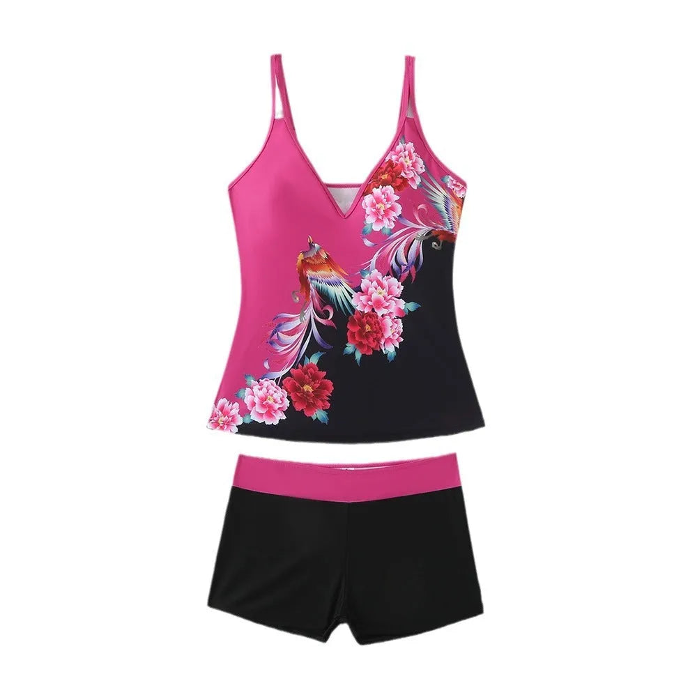 Plus size black and rose red split swimsuit set with matching trunks.