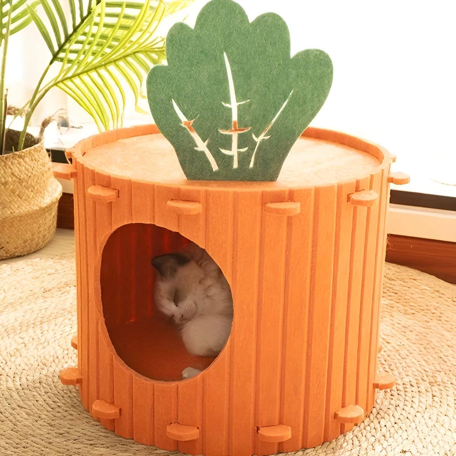 Carrot-shaped grey felt cat tunnel nest for cats, shown in a semi-enclosed design.