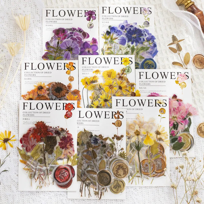 Dried flowers journal decoration stickers in 8 colour styles on PET sheets measuring 70x70mm