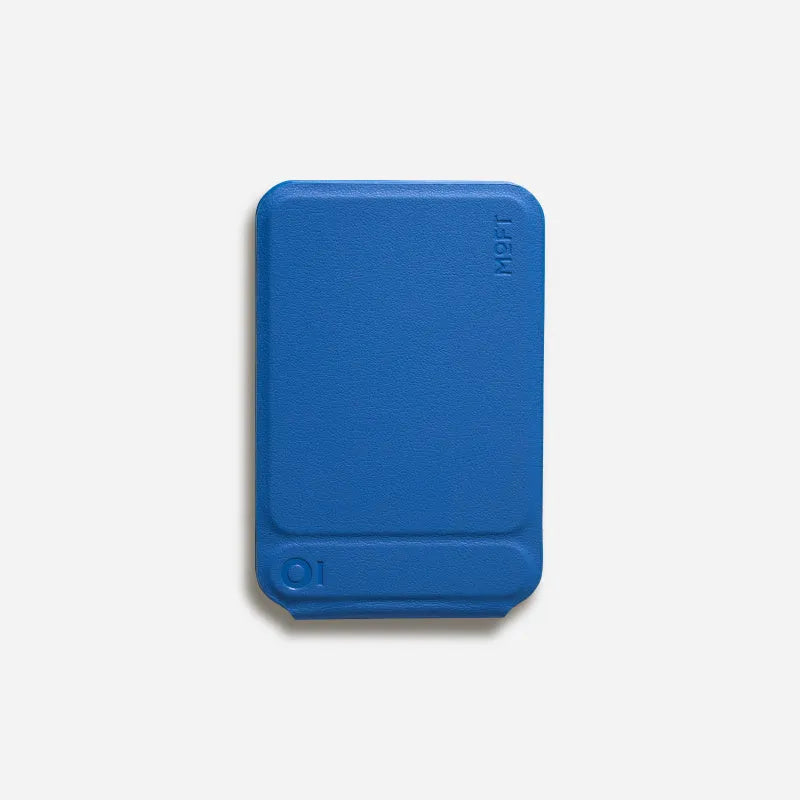 Magnetic mobile phone holder and case in leather with built-in stand, shown in grey.