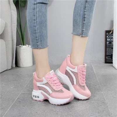 Women's wedge platform height increasing shoes with PU upper, round toe, 6-8cm heel, available in white, black and pink