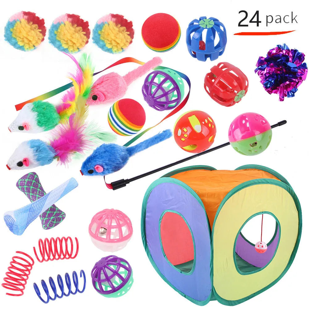 Plastic cat toy channel maze set with coloured accessories for feline play
