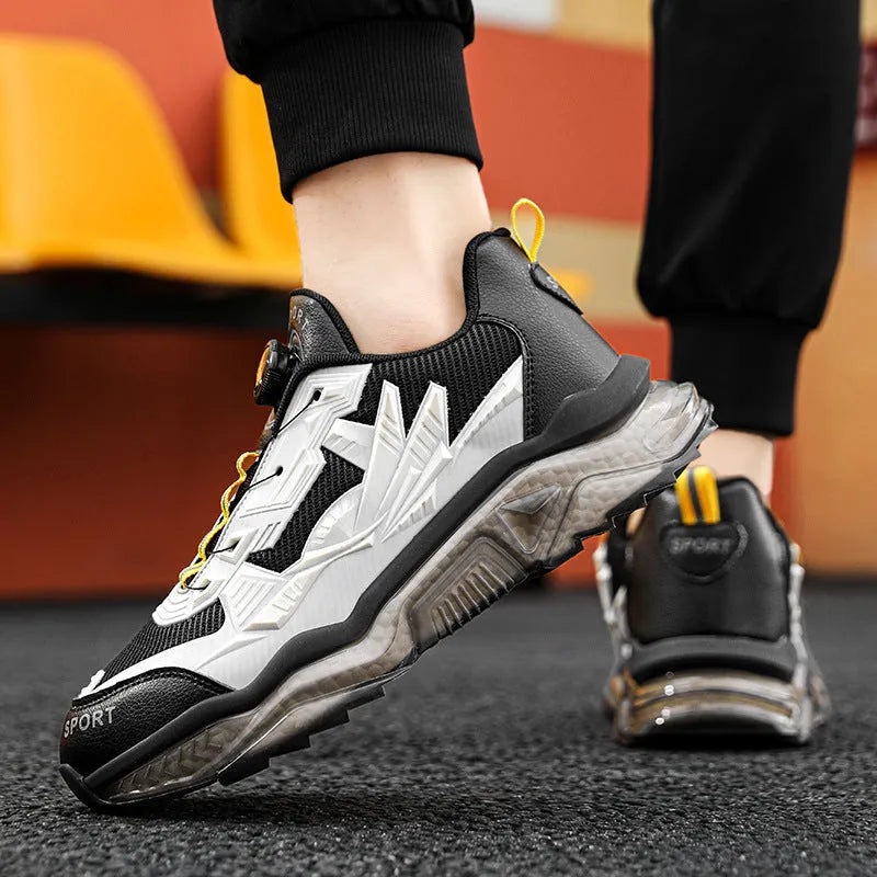 Men's black mesh sneakers with a rotating button on the side and a thick platform sole.